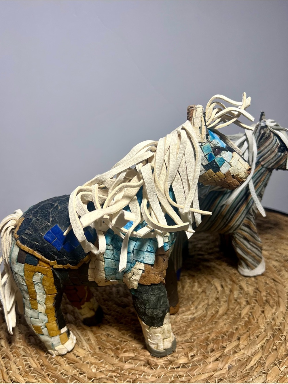 Handcrafted Mosaic Leather 2pc Horse Figurine - Multicolor OOAK